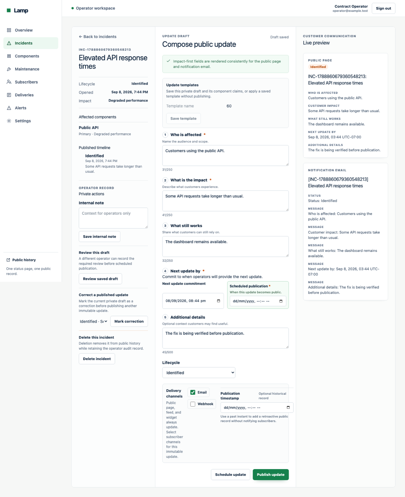 Lamp screenshot 3: incident composer draft