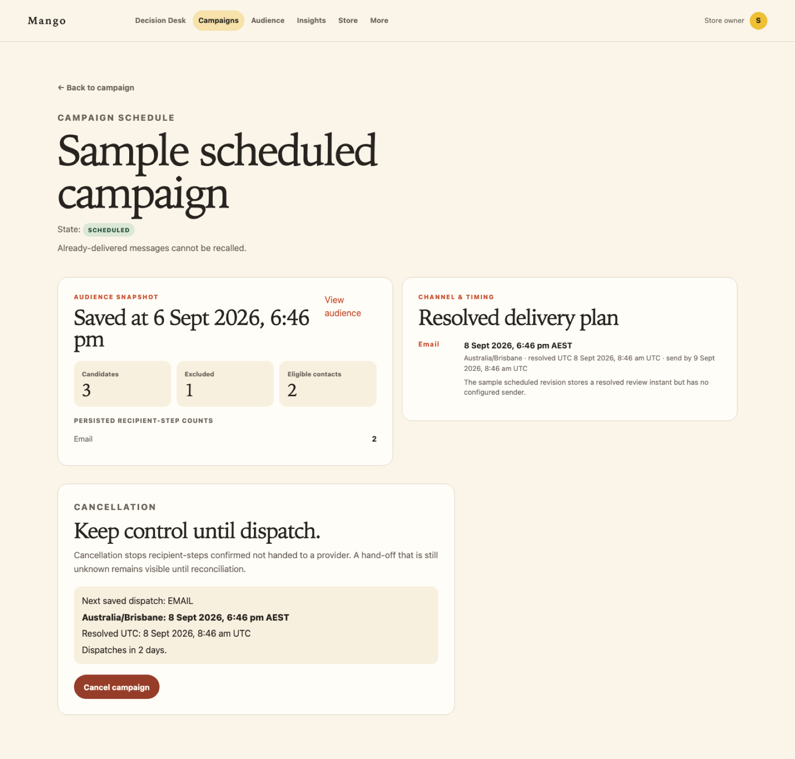 Mango screenshot 4: campaign scheduled desktop